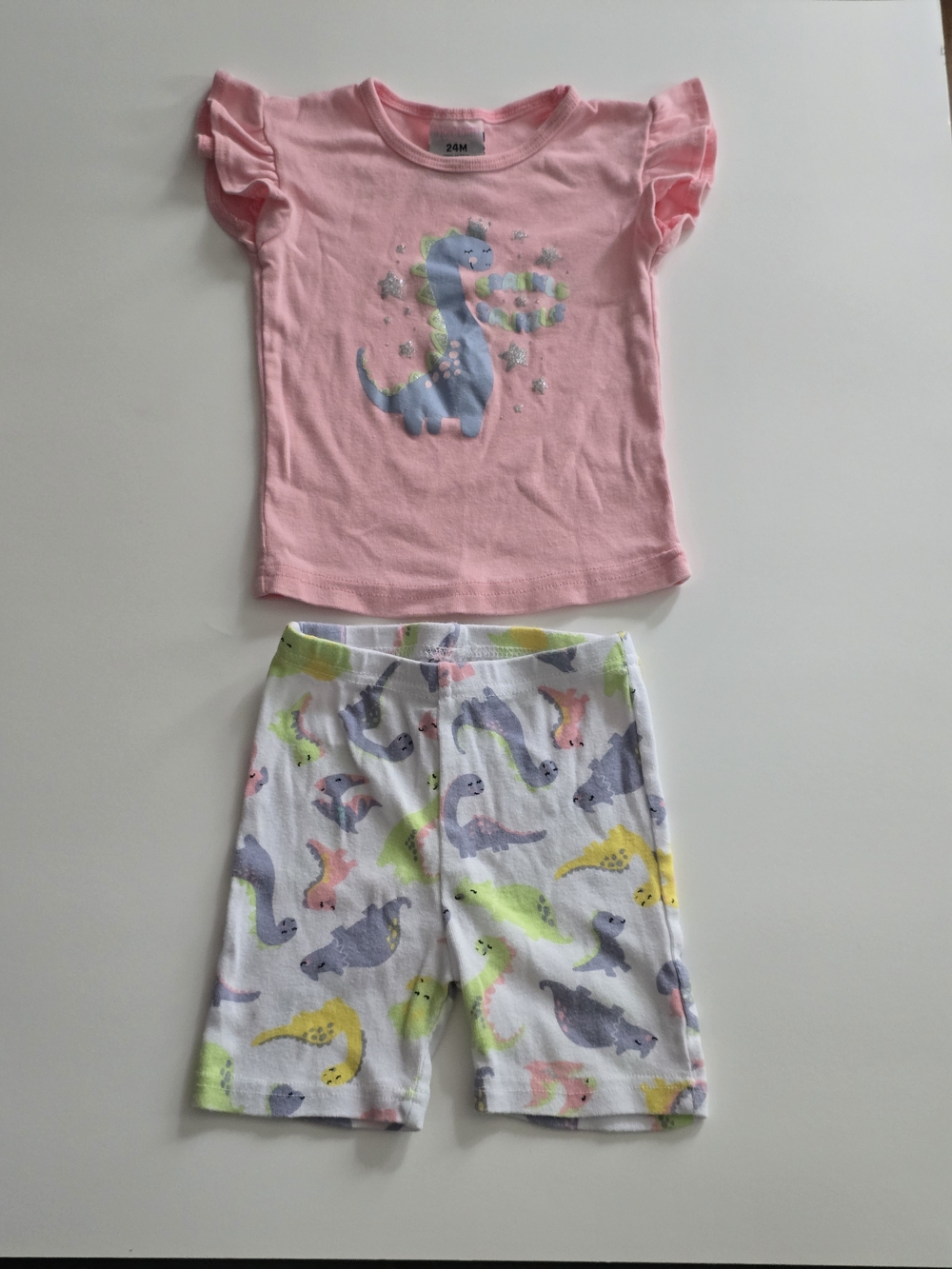 Toddler Pink Dinosaur Short Sleeve Pajama Set with Printed Shorts